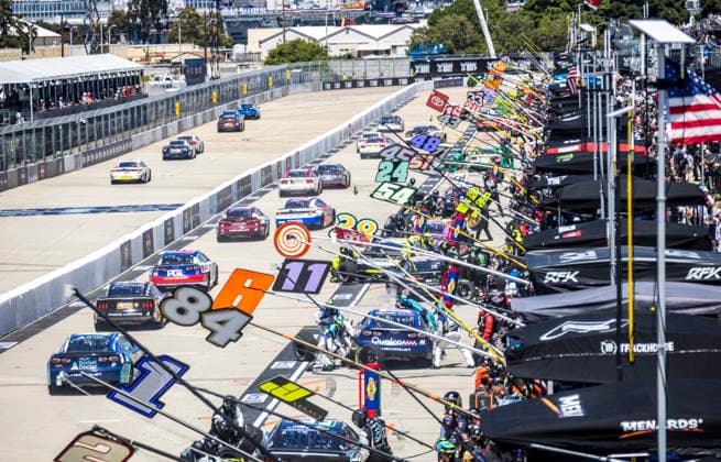SAN DIEGO, CA - JUNE 21: The field takes to the pits for a caution during the Anduril 250 NASCAR, Motorsport, USA Cup Series Race, Sunday, June 21, 2026, at Naval Base Coronado in San Diego, California. (Photo by Tony Ding Icon Sportswire) AUTO: JUN 21 NASCAR Cup Series Anduril 250 Race the Base EDITORIAL USE ONLY Icon46520260621006250