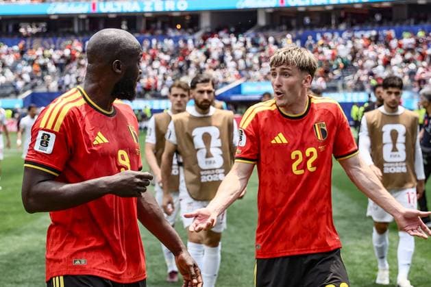 Belgium s Romelu Lukaku and Belgium s Alexis Saelemaekers pictured during a soccer game between Belgian national team, Nationalteam Red Devils and Iran, on Sunday 21 June 2026, at the SoFi stadium in Los Angeles, the second game in the group stage of the FIFA World Cup, WM, Weltmeisterschaft, Fussball 2026 in the United States of America. The Diables Rouges - Rode Duivels were drawn into Group G. BRUNOxFAHY  x178683982x