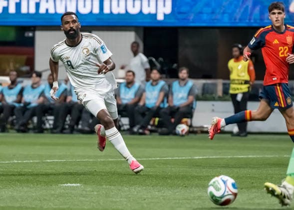 June 21, 2026, Atlanta, Georgia, USA: Saudi Arabia forward Feras al-Brikan (9) plays against Spain during their First Stage Group H match for the 2026 FIFA World Cup, WM, Weltmeisterschaft, Fussball at Atlanta Stadium in Atlanta, Georgia. Spain wins the match 4:0. Atlanta USA - ZUMAa161 20260621_aaa_a161_146 Copyright: xWalterxArcex xGMGx