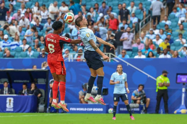 MIAMI GARDENS, FL - JUNE 21: Federico Valverde 8 of Uruguay and Kevin Pina 6 of Cabo Verde battle for a ball during a FIFA World Cup, WM, Weltmeisterschaft, Fussball 2026 Group H match between Uruguay and Cabo Verde on June 21,2026 at Miami Stadium, in Miami Gardens, Fla.(Photo by Chris Arjoon Icon Sportswire) SOCCER: JUN 21 FIFA World Cup 26 Group H - Uruguay vs Cabo Verde EDITORIAL USE ONLY Icon26062100100029