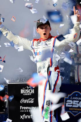 SAN DIEGO, CA - JUNE 21: Corey Heim ( 67 23XI Open MOBIL 1 O REILLY AUTO PARTS Toyota) celebrates in Victory Lane after winning the NASCAR, Motorsport, USA Cup Series Anduril 250 Race the Base event on Sunday June 21, 2026 at the Naval Base Coronado in San Diego, CA. (Photo by David J. Griffin Icon Sportswire) AUTO: JUN 21 NASCAR Cup Series Anduril 250 Race the Base EDITORIAL USE ONLY Icon9532606211398
