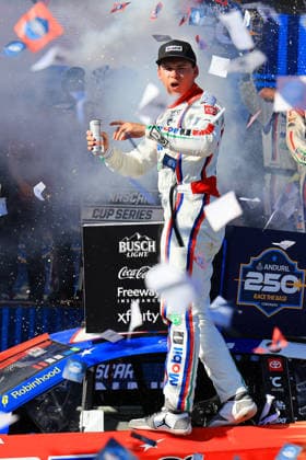 SAN DIEGO, CA - JUNE 21: Corey Heim ( 67 23XI Open MOBIL 1 O REILLY AUTO PARTS Toyota) celebrates in Victory Lane after winning the NASCAR, Motorsport, USA Cup Series Anduril 250 Race the Base event on Sunday June 21, 2026 at the Naval Base Coronado in San Diego, CA. (Photo by David J. Griffin Icon Sportswire) AUTO: JUN 21 NASCAR Cup Series Anduril 250 Race the Base EDITORIAL USE ONLY Icon9532606211371