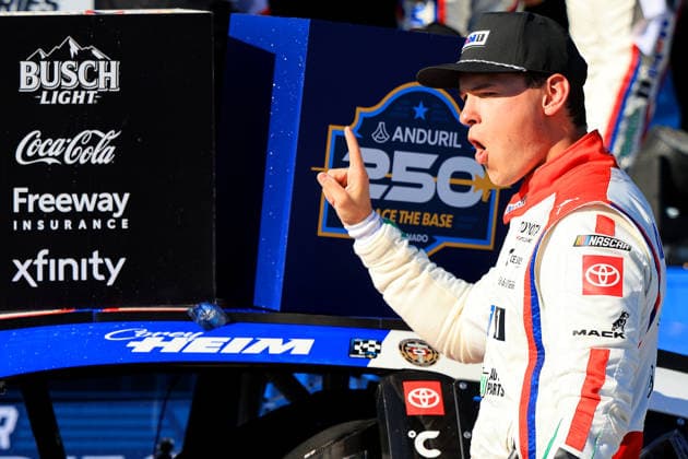 SAN DIEGO, CA - JUNE 21: Corey Heim ( 67 23XI Open MOBIL 1 O REILLY AUTO PARTS Toyota) celebrates in Victory Lane by putting on the Winner Decal on his car after winning the NASCAR, Motorsport, USA Cup Series Anduril 250 Race the Base event on Sunday June 21, 2026 at the Naval Base Coronado in San Diego, CA. (Photo by David J. Griffin Icon Sportswire) AUTO: JUN 21 NASCAR Cup Series Anduril 250 Race the Base EDITORIAL USE ONLY Icon9532606211430