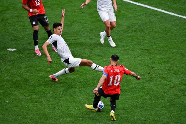 SOCCER NEW ZEALAND EGYPT WORLD CUP, Mohamed Salah (captain) of Egypt with a successful shot at goal as Marko Stamenic of New Zealand tries to block during the Group G match between New Zealand and Egypt as part of the FIFA 2026 World Cup at BC Place Vancouver, British Columbia, Canada, Monday, June 22, 2026. ( NO ARCHIVING, EDITORIAL USE ONLY, AUSTRALIA USE ONLY VANCOUVER BRITISH COLOMBIA CANADA  Copyright: xx 20260622155647969421