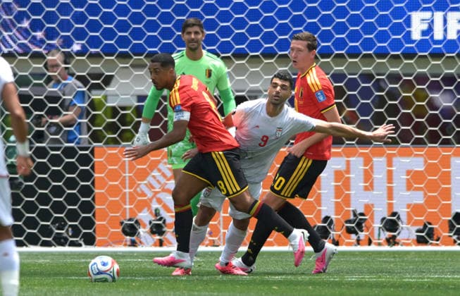 June 21, 2026, Los Angeles, California, United States: Youri Tielemans (K) of Belgium men football team and Mehdi Taremi (R) of IR Iran men football team seen in action during the FIFA World Cup, WM, Weltmeisterschaft, Fussball 2026 first stage Group G match between Belgium and Islamic Republic of Iran held at the Los Angeles Stadium. Final score: Belgium 0:0 Islamic Republic of Iran. Los Angeles United States - ZUMAs197 20260621_aaa_s197_355 Copyright: xLuisxVeniegrax