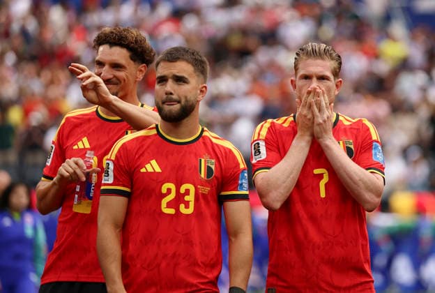 (260622) -- LOS ANGELES, June 22, 2026 -- Players of Belgium react before a group G match between Belgium and Iran at the 2026 FIFA World Cup, WM, Weltmeisterschaft, Fussball at Los Angeles Stadium in Los Angeles, the United States, June 21, 2026. ) (SP)U.S.-LOS ANGELES-FOOTBALL-FIFA WORLD CUP-GROUP G-BEL VS IRN BaixXuefei 