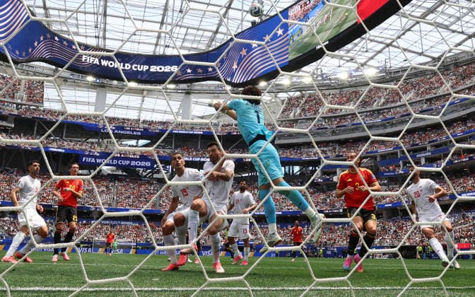 (260622) -- LOS ANGELES, June 22, 2026 -- Alireza Beiranvand (top), goalkeeper of Iran, makes a save during a group G match between Belgium and Iran at the 2026 FIFA World Cup, WM, Weltmeisterschaft, Fussball at Los Angeles Stadium in Los Angeles, the United States, June 21, 2026. ) (SP)U.S.-LOS ANGELES-FOOTBALL-FIFA WORLD CUP-GROUP G-BEL VS IRN BaixXuefei 