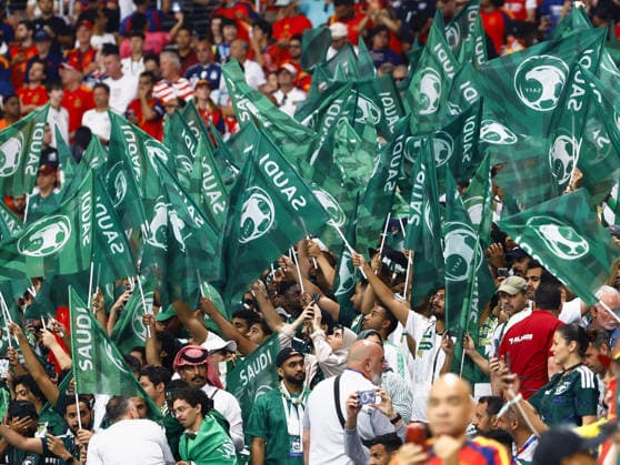 Football: 2026 World Cup Saudi Arabia supporters cheer ahead of a World Cup Group H football match against Spain at Atlanta Stadium in Atlanta on June 21, 2026.  A14AA0005619756P