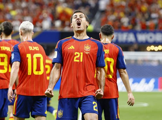 Football: 2026 World Cup Spain s Mikel Oyarzabal shouts after scoring the team s second goal in the first half of a World Cup Group H football match against Saudi Arabia at Atlanta Stadium in Atlanta on June 21, 2026.  A14AA0005619763P