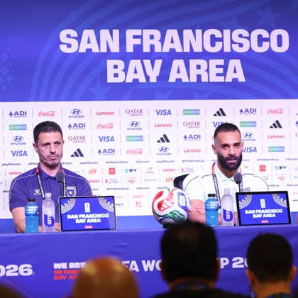 Jordan press conference, PK, Pressekonferenz - FIFA World Cup, WM, Weltmeisterschaft, Fussball 2026 Jamal Sellami, Head Coach of Jordan, and Yazan Alarab, a player from Jordan, speak to the media during a pre-match press conference after the FIFA World Cup 2026 Group J match between Algeria and Jordan at San Francisco Bay Area Stadium in Santa Clara, California, on June 21, 2026. San Francisco Jordan  Copyright: xAmeenxAhmedx originalFilename:alameen-notitle260622_np8mN.jpg