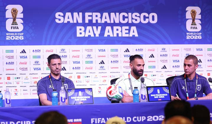 Jordan press conference, PK, Pressekonferenz - FIFA World Cup, WM, Weltmeisterschaft, Fussball 2026 Jamal Sellami, Head Coach of Jordan, and Yazan Alarab, a player from Jordan, speak to the media during the pre-match press conference after the FIFA World Cup 2026 Group J match between Algeria and Jordan at San Francisco Bay Area Stadium in Santa Clara, California, on June 21, 2026. San Francisco Jordan  Copyright: xAmeenxAhmedx originalFilename:alameen-notitle260622_npTeP.jpg