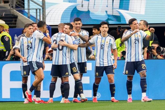 DALLAS, 22-06-2026, Dallas AT&T Stadium, World Cup 2026 Match between Argentina and Austria. Picture shows Argentina player Lionel Messi scores the 1-0 and is the all-time top scorer at the World Cup with 17 goals and celebrate his goal Argentina - Austria (World Cup 2026)  x204558079x Copyright:
