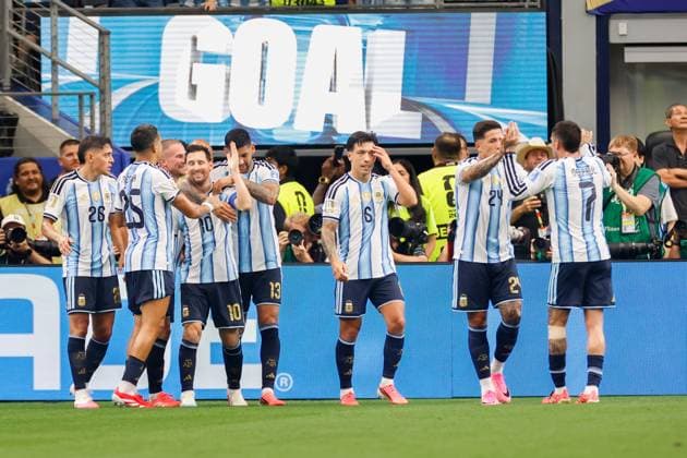 DALLAS, 22-06-2026, Dallas AT&T Stadium, World Cup 2026 Match between Argentina and Austria. Picture shows Argentina player Lionel Messi scores the 1-0 and is the all-time top scorer at the World Cup with 17 goals and celebrate his goal Argentina - Austria (World Cup 2026)  x204558081x Copyright: