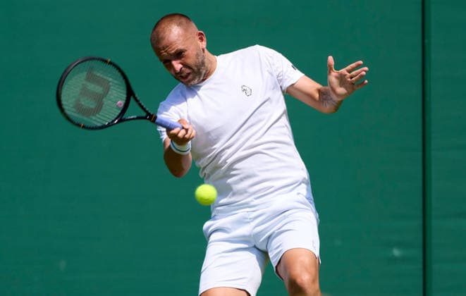 2026 Wimbledon, June 22, qualifiers LONDON, - JUNE 22: Dan Evans in his final Wimbledon plays a forehand during the 2026 Wimbledon, June 22, qualifiers at The all England club™s facility at the Community Sports Centre Roehampton on June 22, 2026 in London, GBR. London The all England club, Wimbledon GBR Copyright: xPeterxvanxdenxBerg ISIxPhotosx 9407