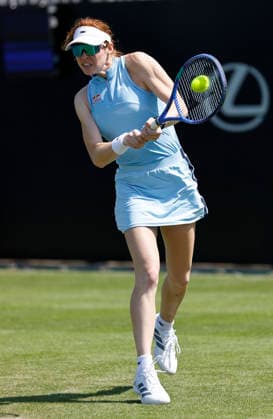 RECORD DATE NOT STATED 22nd June 2026; Devonshire Park Lawn Tennis Club, Eastbourne, East Sussex, England; Lexus Eastbourne Open Tennis, Day Three; Maya Joint (AUS) plays a backhand shot against Emiliana Arango (COL) HongboxChen