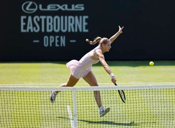 RECORD DATE NOT STATED 22nd June 2026; Devonshire Park Lawn Tennis Club, Eastbourne, East Sussex, England; Lexus Eastbourne Open Tennis, Day Three; Hannah Klugman (GBR) plays a backhand shot against Tereza Valentova (CZE) HongboxChen
