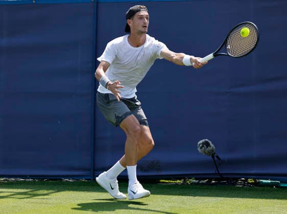 RECORD DATE NOT STATED 22nd June 2026; Devonshire Park Lawn Tennis Club, Eastbourne, East Sussex, England; Lexus Eastbourne Open Tennis, Day Three; Terence Atmane (FRA) plays a forehand shot against Gabriel Diallo (CAN) HongboxChen