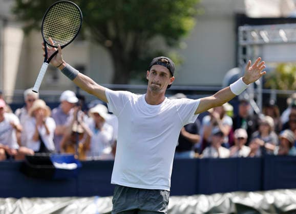 RECORD DATE NOT STATED 22nd June 2026; Devonshire Park Lawn Tennis Club, Eastbourne, East Sussex, England; Lexus Eastbourne Open Tennis, Day Three; Terence Atmane (FRA) celebrates after winning the first set against Gabriel Diallo (CAN) HongboxChen