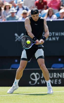 RECORD DATE NOT STATED 22nd June 2026; Devonshire Park Lawn Tennis Club, Eastbourne, East Sussex, England; Lexus Eastbourne Open Tennis, Day Three; Jack Draper (GBR) plays a backhand shot against Marcos Giron (USA) HongboxChen