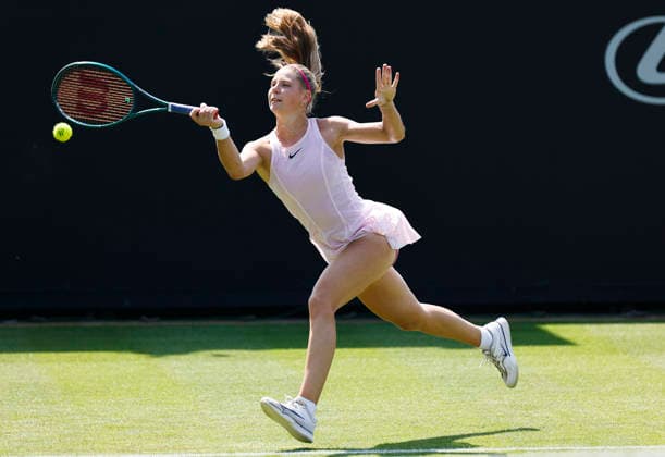 RECORD DATE NOT STATED 22nd June 2026; Devonshire Park Lawn Tennis Club, Eastbourne, East Sussex, England; Lexus Eastbourne Open Tennis, Day Three; Hannah Klugman (GBR) plays a forehand shot against Tereza Valentova (CZE) HongboxChen