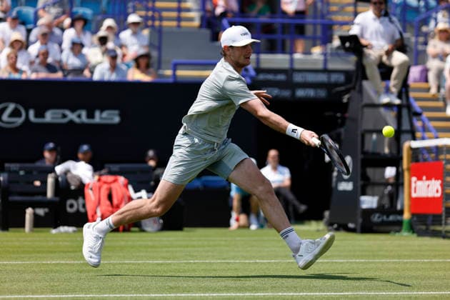 RECORD DATE NOT STATED 22nd June 2026; Devonshire Park Lawn Tennis Club, Eastbourne, East Sussex, England; Lexus Eastbourne Open Tennis, Day Three; Jack Pinnington Jones (GBR) plays a forehand shot against Camilo Ugo Carabelli (ARG) HongboxChen