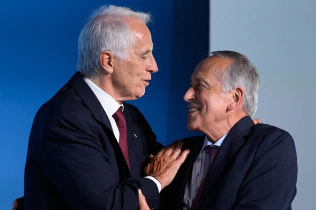 The newly elected President of the Italian Football Federation (FIGC), Giovanni Malago, hugs Giancarlo Abete, president of National Amateur League (LND) after his election at Cavalieri Waldorf Astoria Hotel in Roma (Italy), June 22, 2026. AndreaxStaccioli