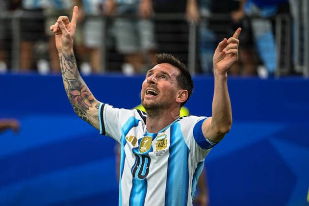 June 22, 2026: Argentina forward Lionel Messi celebrates his history-making goal during FIFA World Cup, WM, Weltmeisterschaft, Fussball group stage action between Argentina and Austria at Dallas Stadium in Arlington, Texas. Cal Media Arlington USA - ZUMAc04_ 20260622_zma_c04_027 Copyright: xMichaelxDornx