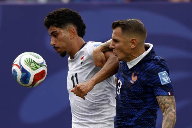 FIFA World Cup, WM, Weltmeisterschaft, Fussball 2026 - Group I - France vs Iraq Ahmed Qasem of Iraq (L) in action against Lucas Digne of France (R) during the FIFA World Cup 2026 group stage match France against Iraq, in Philadelphia, Pennsylvania, USA, 22 June 2026. PHILADELPHIA United States  Copyright: xWILLxOLIVERx