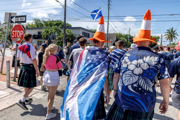 Tartan Army Scottish soccer fans will gather in Miami s Little Havana Scottish soccer fans led by the Tartan Army gather in Little Havana, Miami, Florida, USA, 22 June 2026. Scottish soccer fans are visiting Miami s Calle Ocho with kilts, bagpipes, and chants ahead of their World Cup match against Brazil. MIAMI FLORIDA United States  Copyright: xCRISTOBALxHERRERA-ULASHKEVICHx