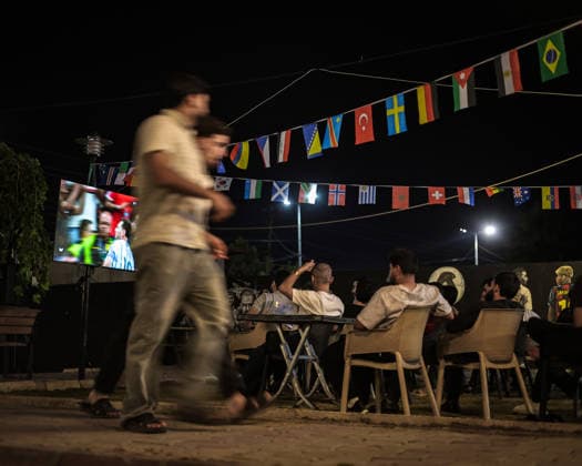 June 22, 2026, Khalifan, Kurdistan Region, Iraq: Khalifan, Erbil - June 22, 2026: In Khalifan, Erbil, preparations are complete at an outdoor cafe for the live screening of the FIFA World Cup, WM, Weltmeisterschaft, Fussball 2026 match between Argentina and Austria. The cafe owner has decorated the walls with the national jerseys of both teams, as fans gather with great enthusiasm for the start of the match. Khalifan Iraq - ZUMAr205 20260622_zip_r205_010 Copyright: xSaburxRashidx