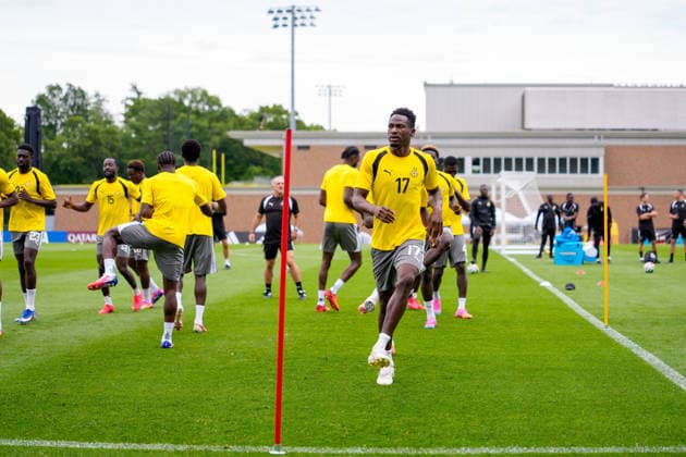 (260623) -- BOSTON, June 23, 2026 -- Abdul Rahman Baba (R, front) of Ghana attends a training session at the FIFA World Cup, WM, Weltmeisterschaft, Fussball 2026 in Boston, the United States, June 22, 2026. ) (SP)U.S.-BOSTON-FOOTBALL-FIFA WORLD CUP-TRAINING-GHANA ChenxYichen 