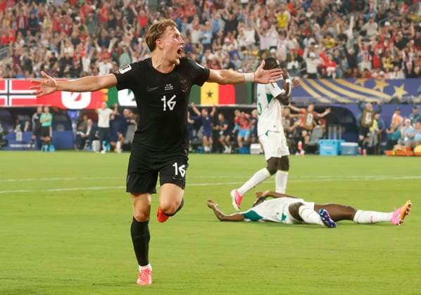 Norway s Marcus Holmgren Pedersen after scoring against Senegal in the first half of a FIFA World Cup, WM, Weltmeisterschaft, Fussball match at New York New Jersey Stadium in East Rutherford, New Jersey, on Monday, June 22, 2026.  NYP20260622921 JOHNxANGELILLO