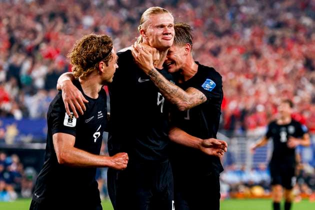 Erling Haaland of Norway celebrates with teammates after scoring his teams third goal Norway v Senegal, Group I - FIFA World Cup, WM, Weltmeisterschaft, Fussball 2026, Norway v Senegal, New York New Jersey Stadium, June 22, 2026, East Rutherford, United States.