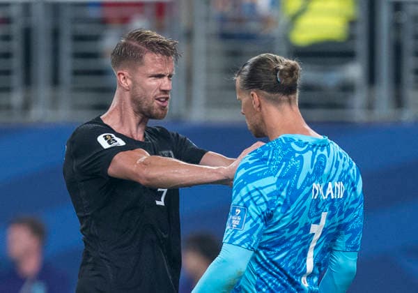 Freude bei Kristoffer Ajer (Norway, 3) und Oerjan Nyland (Norway, 1) über einen gehalten Ball. FIFA World Cup, WM, Weltmeisterschaft, Fussball 2026: Norway vs Senegal 22 June 2026, FIFA World Cup 2026: Norway vs Senegal (Group I, Matchday 2) at New York New Jersey Stadium in East Rutherford, New Jersey, USA. *** Kristoffer Ajer (Norway, 3) and Oerjan Nyland (Norway, 1) celebrate a save during the 2026 FIFA World Cup match between Norway and Senegal on June 22, 2026, FIFA World Cup 2026 Copyright: HMBxMedia xMarcoxBader