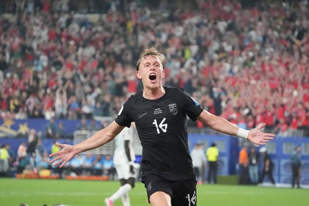 celebrate the goal, Torjubel zum 1:0 Marcus Holmgren Pedersen (Norwegen, Norway, 16) - New York 22.06.2026: Norwegen vs. Senegal, MetLife Stadium, World Cup 26 Gruppe I, 2. Spieltag *** celebrate the goal, goal celebration for the 1-0 goal by Marcus Holmgren Pedersen, Norway, June 22, 2026, Norway vs. Senegal, MetLife Stadium, World Cup 26, Group I, Matchday 2,detected_source_language