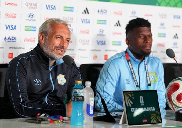 (260623) -- GUADALAJARA, June 23, 2026 -- Sebastien Desabre (L), head coach of the Democratic Republic of the Congo (DRC), and player Aaron Tshibola attend a press conference, PK, Pressekonferenz at the 2026 FIFA World Cup, WM, Weltmeisterschaft, Fussball in Guadalajara, Mexico, June 22, 2026. (Photo by Xinhua) (SP)MEXICO-GUADALAJARA-FIFA WORLD CUP-PRESS CONFERENCE-DRC MartinxZabala 