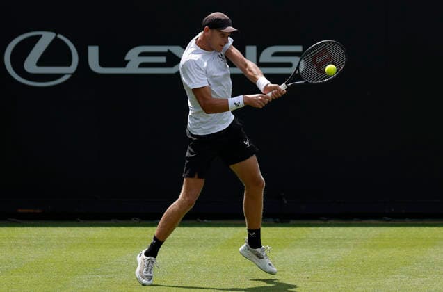 RECORD DATE NOT STATED 23rd June 2026; Devonshire Park Lawn Tennis Club, Eastbourne, East Sussex, England; Lexus Eastbourne Open Tennis, Day Three; Hamish Stewart (GBR) plays a backhand shot against Thiago Agustin Tirante (ARG) HongboxChen