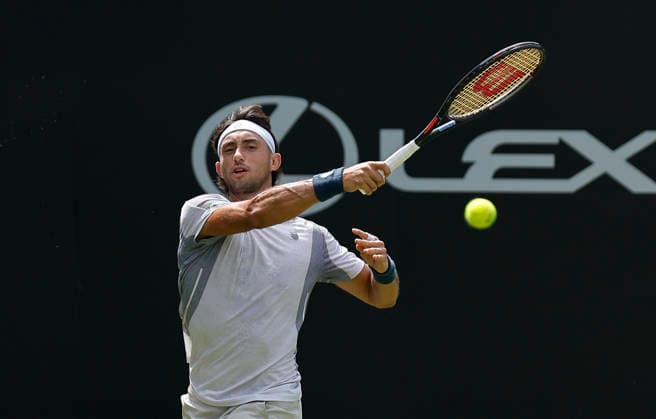 RECORD DATE NOT STATED 23rd June 2026; Devonshire Park Lawn Tennis Club, Eastbourne, East Sussex, England; Lexus Eastbourne Open Tennis, Day Three; Thiago Agustin Tirante (ARG) plays a forehand shot against Hamish Stewart (GBR) HongboxChen
