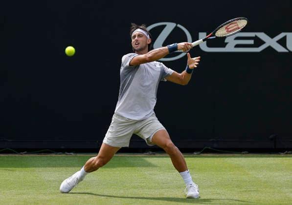RECORD DATE NOT STATED 23rd June 2026; Devonshire Park Lawn Tennis Club, Eastbourne, East Sussex, England; Lexus Eastbourne Open Tennis, Day Three; Thiago Agustin Tirante (ARG) plays a forehand shot against Hamish Stewart (GBR) HongboxChen
