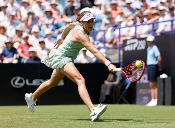 RECORD DATE NOT STATED 23rd June 2026; Devonshire Park Lawn Tennis Club, Eastbourne, East Sussex, England; Lexus Eastbourne Open Tennis, Day Three; Tatjana Maria (GER) plays a backhand shot against Jasmine Paolini (ITA) HongboxChen