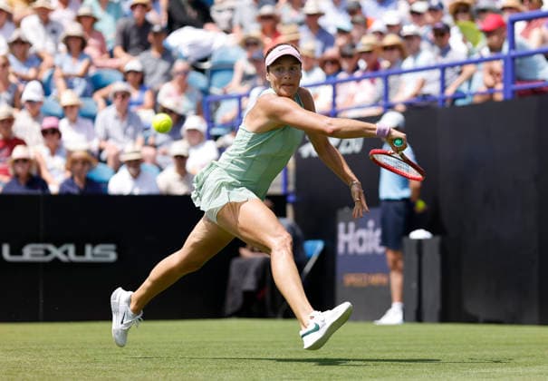 RECORD DATE NOT STATED 23rd June 2026; Devonshire Park Lawn Tennis Club, Eastbourne, East Sussex, England; Lexus Eastbourne Open Tennis, Day Three; Tatjana Maria (GER) plays a backhand shot against Jasmine Paolini (ITA) HongboxChen