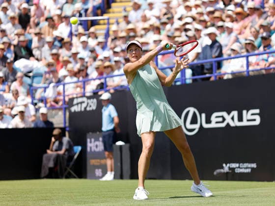 RECORD DATE NOT STATED 23rd June 2026; Devonshire Park Lawn Tennis Club, Eastbourne, East Sussex, England; Lexus Eastbourne Open Tennis, Day Three; Tatjana Maria (GER) plays a backhand shot against Jasmine Paolini (ITA) HongboxChen