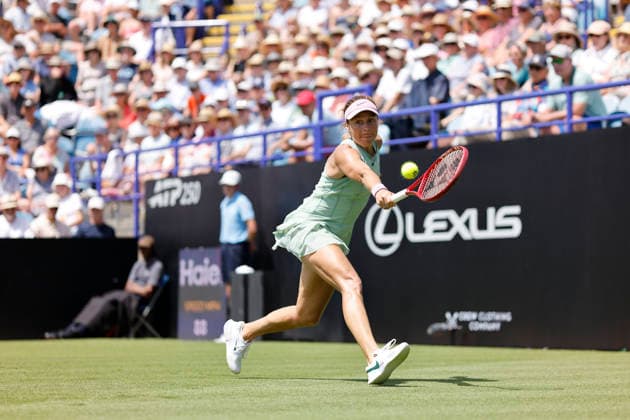 RECORD DATE NOT STATED 23rd June 2026; Devonshire Park Lawn Tennis Club, Eastbourne, East Sussex, England; Lexus Eastbourne Open Tennis, Day Three; Tatjana Maria (GER) plays a backhand shot against Jasmine Paolini (ITA) HongboxChen
