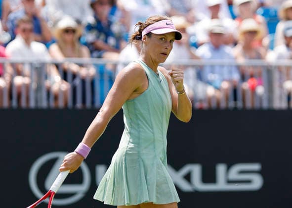 RECORD DATE NOT STATED 23rd June 2026; Devonshire Park Lawn Tennis Club, Eastbourne, East Sussex, England; Lexus Eastbourne Open Tennis, Day Three; Tatjana Maria (GER) shows emotion in the match against Jasmine Paolini (ITA) HongboxChen