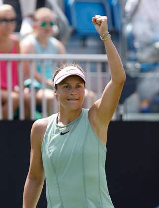 RECORD DATE NOT STATED 23rd June 2026; Devonshire Park Lawn Tennis Club, Eastbourne, East Sussex, England; Lexus Eastbourne Open Tennis, Day Three; Tatjana Maria (GER) celebrates after defeating Jasmine Paolini (ITA) HongboxChen
