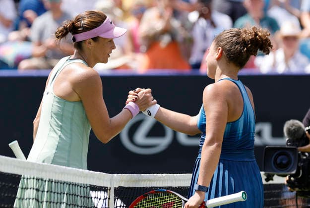 RECORD DATE NOT STATED 23rd June 2026; Devonshire Park Lawn Tennis Club, Eastbourne, East Sussex, England; Lexus Eastbourne Open Tennis, Day Three; Tatjana Maria (GER) shakes hands with Jasmine Paolini (ITA) after the match HongboxChen