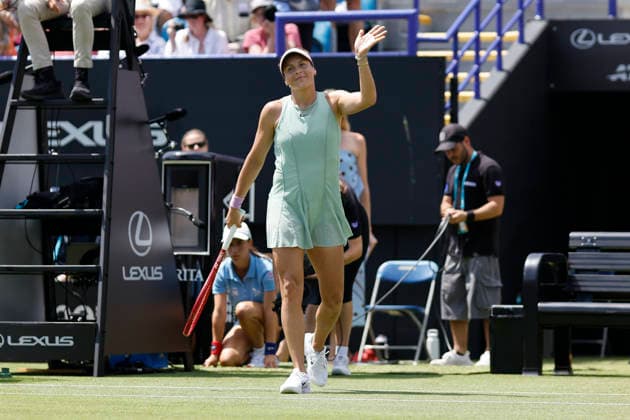 RECORD DATE NOT STATED 23rd June 2026; Devonshire Park Lawn Tennis Club, Eastbourne, East Sussex, England; Lexus Eastbourne Open Tennis, Day Three; Tatjana Maria (GER) celebrates after defeating Jasmine Paolini (ITA) HongboxChen