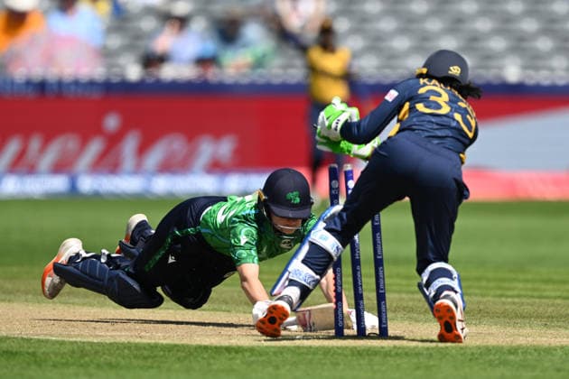 Sri Lanka Women v Ireland Women, ICC Women s T20 World Cup Gaby Lewis of Ireland dives to avoid being run out as Kaushini Nuthyangana of Sri Lanka breaks the stumps during the ICC Women s T20 World Cup match between Sri Lanka Women and Ireland Women at the Seat Unique Stadium, Bristol, UK on 23 June 2026. Bristol Seat Unique Stadium Gloucestershire UK Editorial use only , Copyright: xGrahamxHuntx PSI-24399-0020