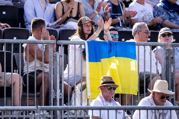 BAD HOMBURG, GERMANY - JUNE 23: Fans showing Ukrainian flags to support Elina Svitolina (UKR) during the Bad Homburg Open powered by Solarwatt Singles match between Liudmila Samsonova vs Elina Svitolina (UKR) at Kurpark Bad Homburg on June 23, 2026 in Bad Homburg, Germany. Hessen Germany Copyright: xSteffiexWunderlx