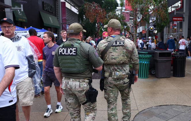 Foxborough, USA, 23rd June 2026. Police patrol outside the stadium before the England vs Ghana FIFA World Cup, WM, Weltmeisterschaft, Fussball match at Gillette Stadium, Foxborough. Picture credit should read: Paul Terry Sportimage EDITORIAL USE ONLY. No use with unauthorised audio, video, data, fixture lists, club league logos or live services. Online in-match use limited to 120 images, no video emulation. No use in betting, games or single club league player publications. SPI_007_PT_Eng_Ghana SPI-4840-0007
